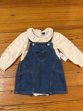 Old Navy Cream Peter Pan Collared Long-Sleeve Bodysuit with Denim Overall Dress